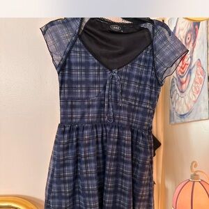 Blue Plaid Mesh Mini Dress by Cider